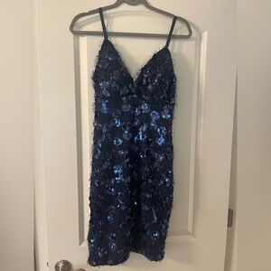 AKIRA Midnight Blue Sequin/Feather Party Dress